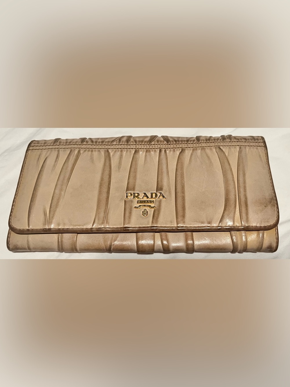 Prada Metallic Beige Ruched Leather Wallet with Gold Logo